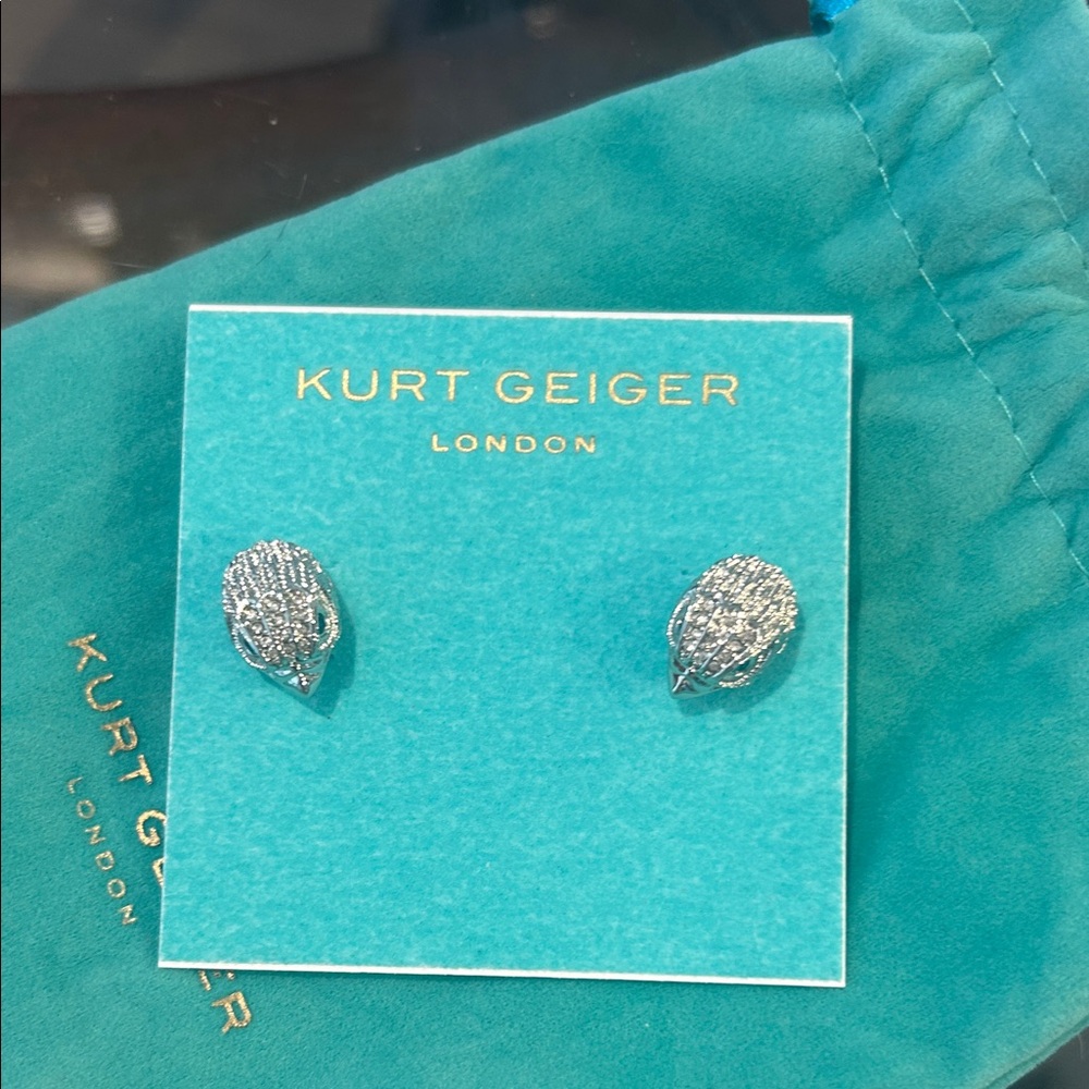 Kurt Geiger Silver Eagle Stud Earrings with Teal Crystal Eyes & Velvet Dusty NWT
